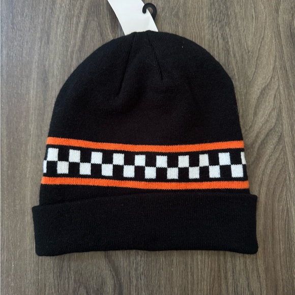 Vans Black Beanie with Orange and White Checkered Stripe - Picture 2 of 2